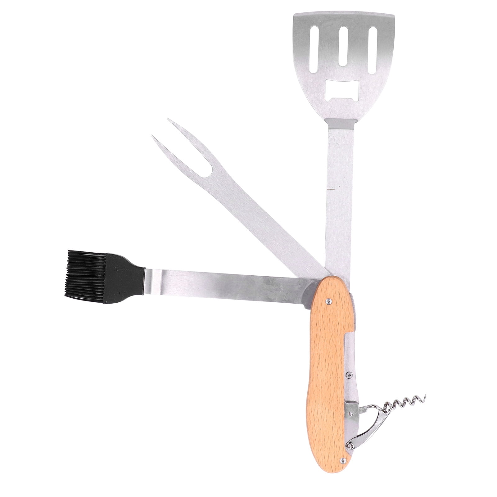 Suodoka 5 in 1 BBQ Tool Set Stainless Steel Foldable Spatula Brush Fork Bottle Opener Multipurpose Portable Grill Combo Kit for Outdoor Cooking and Camping