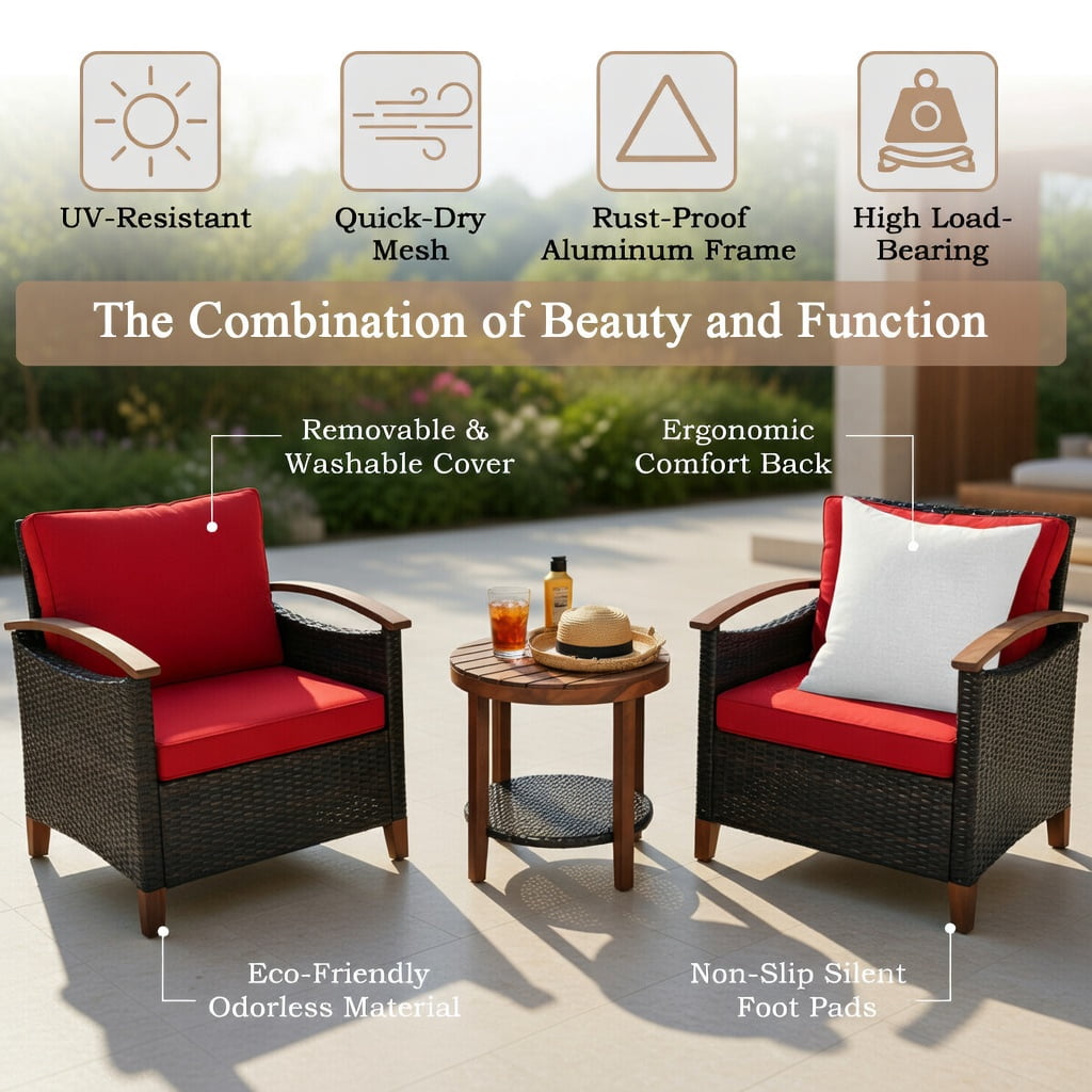 Hommoo 3-Piece Outdoor Rattan Patio Furniture Set with Washable Cushions & Acacia Wood Table, Red