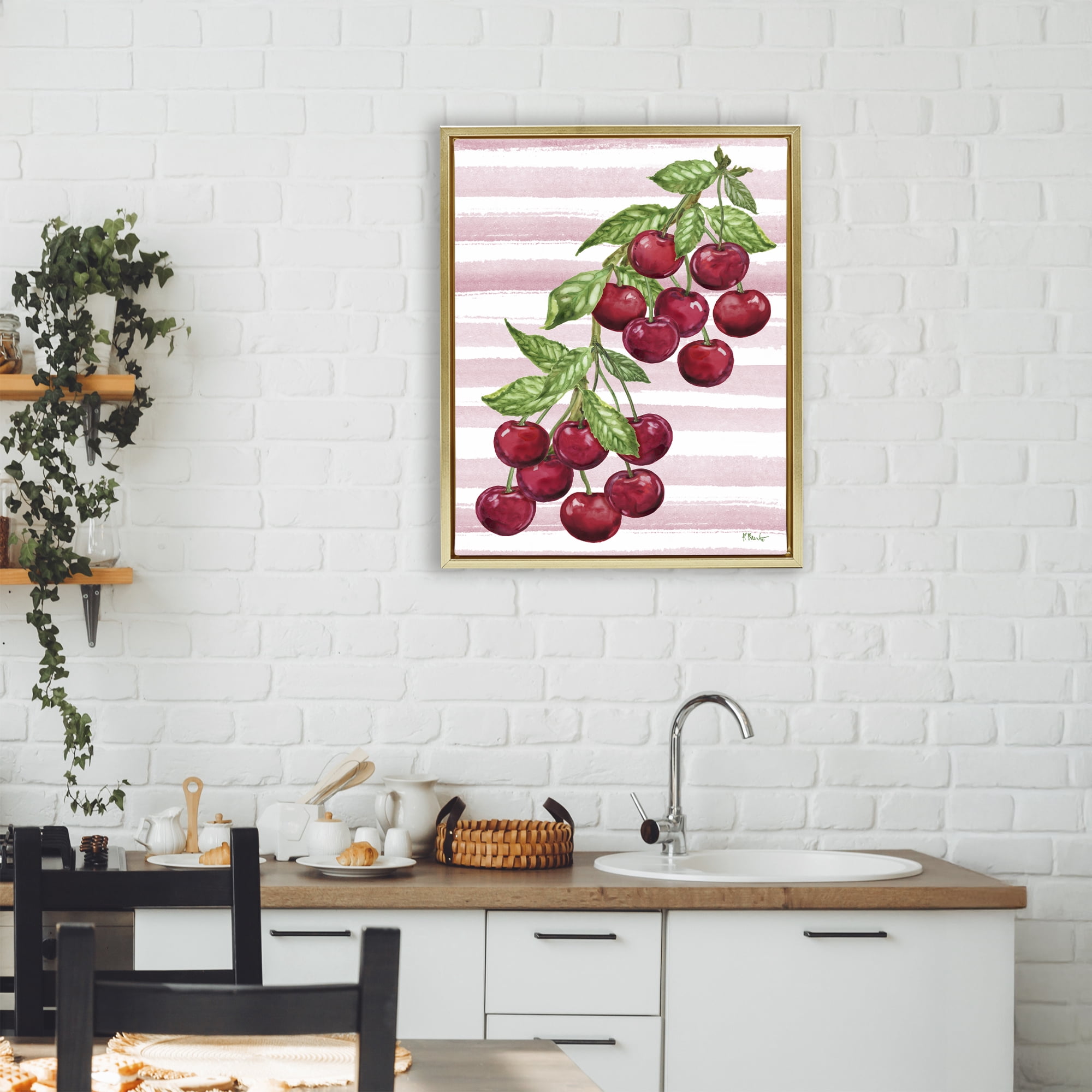 Stupell Industries Juicy Cherry Vine on Stripes Gold Framed Floater Canvas Wall Art, design by Paul Brent