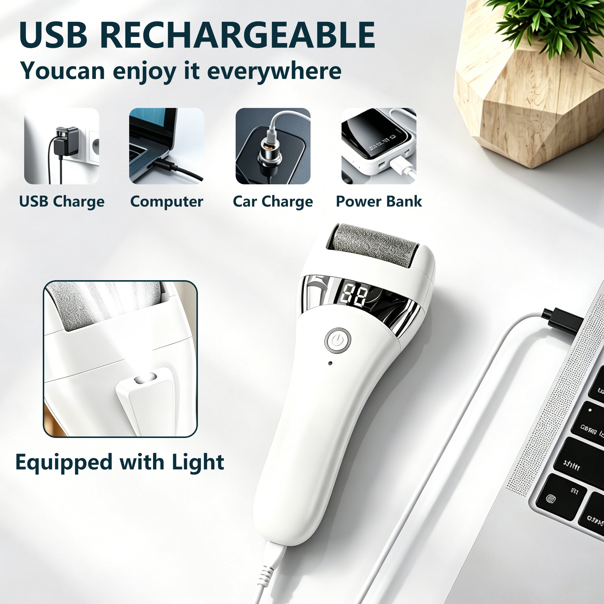Electric Foot File USB Rechargeable Pedicure Tool for Adults, Portable Foot Grooming Device, White