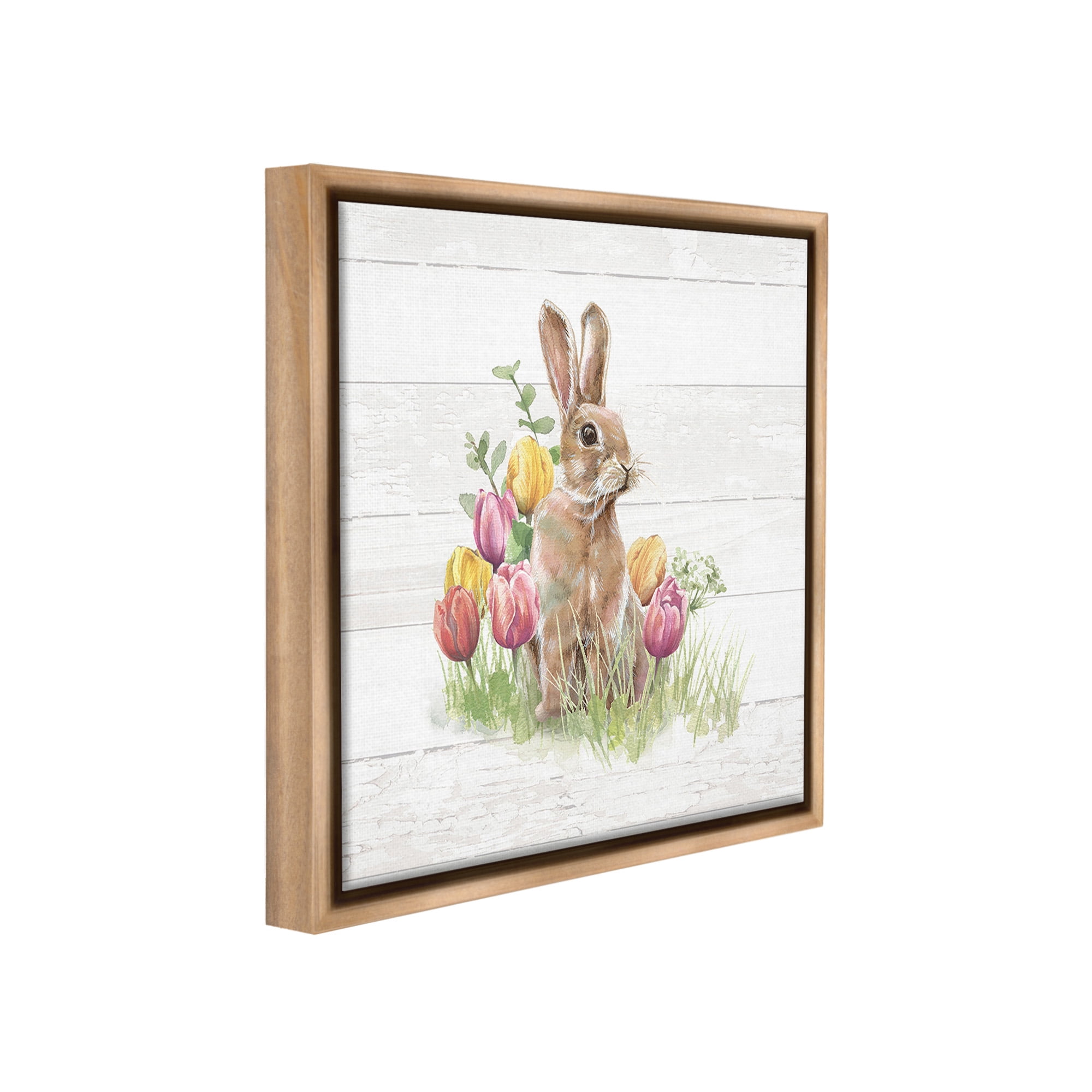 Stupell Industries Bunny & Spring Tulips Animals & Insects Painting Brown Floater Framed Canvas Art Print Wall Art, 18 x 18