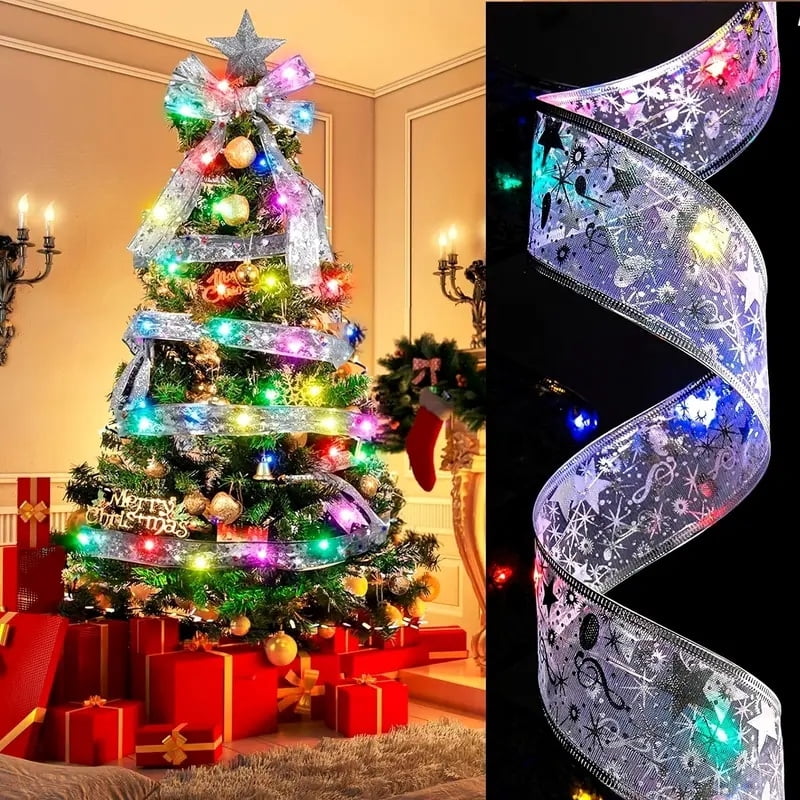 100 LED Battery-powered Christmas Tree, Christmas Tree With 32 Feet Of Ribbon, Golden Wire Ribbon, Christmas Tree Decorations, Christmas Ribbon Lights