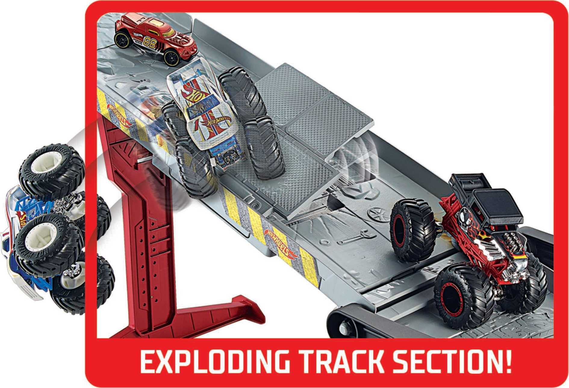 Hot Wheels Monster Trucks, Transporter and Track with 1:64 Scale Toy Truck