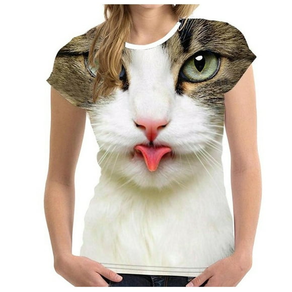 Leutsin Womens 3D Cat Print Casual T-Shirt Summer Short Sleeve O-neck T Shirts