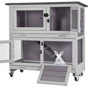 Aivituvin Rabbit Hutch Indoor, 36'' Bunny Hutch Outdoor, Mobile Rabbit Cage with Wheels, 2-Story Bunny Cage with 2 Pull Out Trays, Wooden Guinea Pig Cage (Grey)