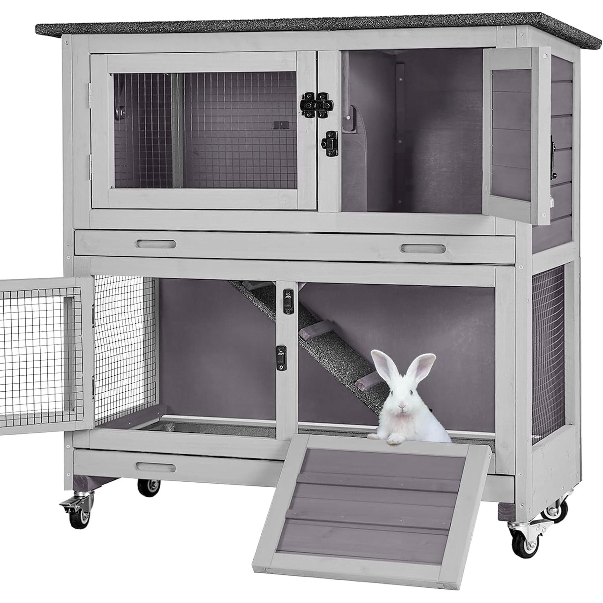 Aivituvin Rabbit Hutch Indoor, 36'' Bunny Hutch Outdoor, Mobile Rabbit Cage with Wheels, 2-Story Bunny Cage with 2 Pull Out Trays, Wooden Guinea Pig Cage (Grey)