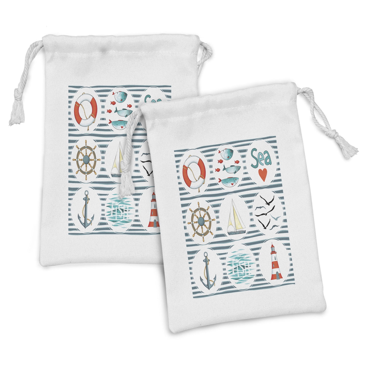 Nautical Fabric Pouch Set of 2, Sea Set Fishes Life Gulls Lighthouse ...