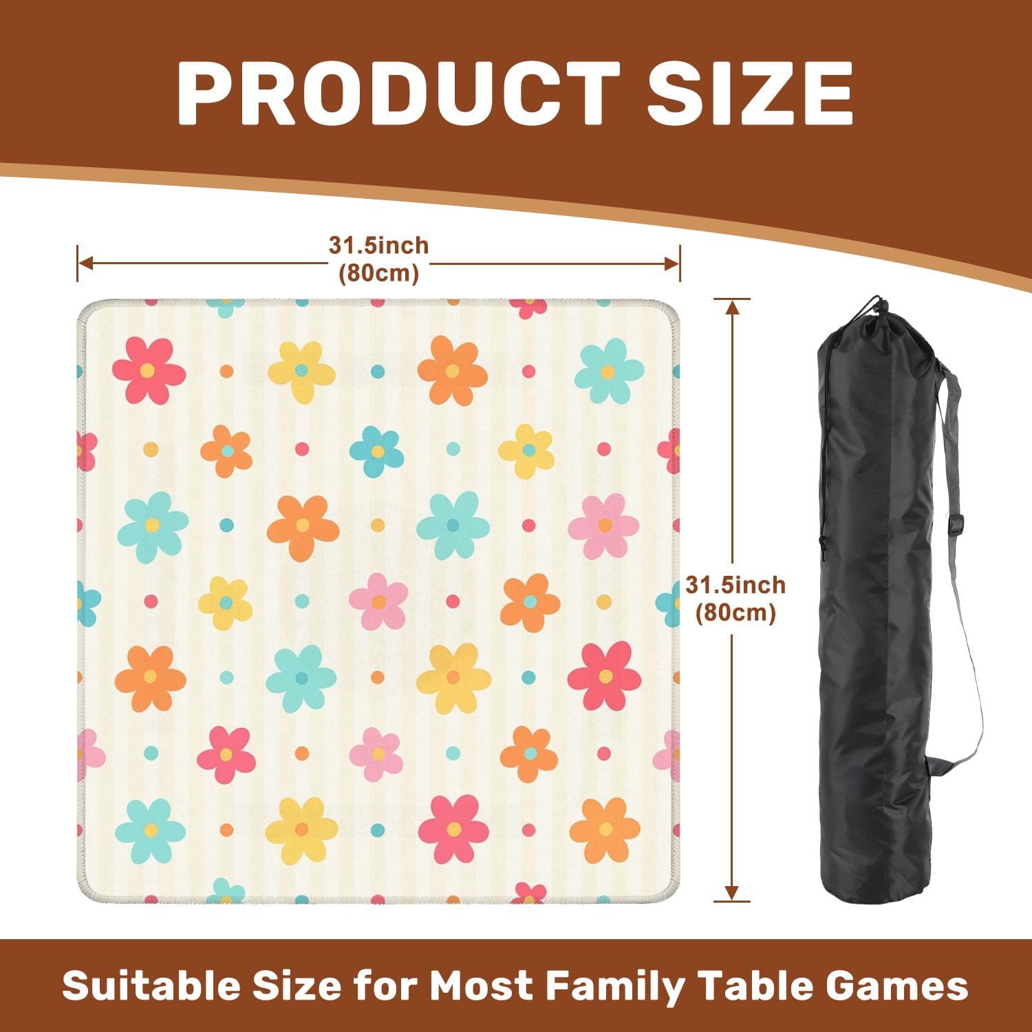 Mahjong Mat 31.5" x 31.5" Colorful Retro Flower Polka Dots Cream Striped Non-Slip Noise Reduction American Mahjong Tiles Table Cover for Dominoes Poker Card Board Games Gift
