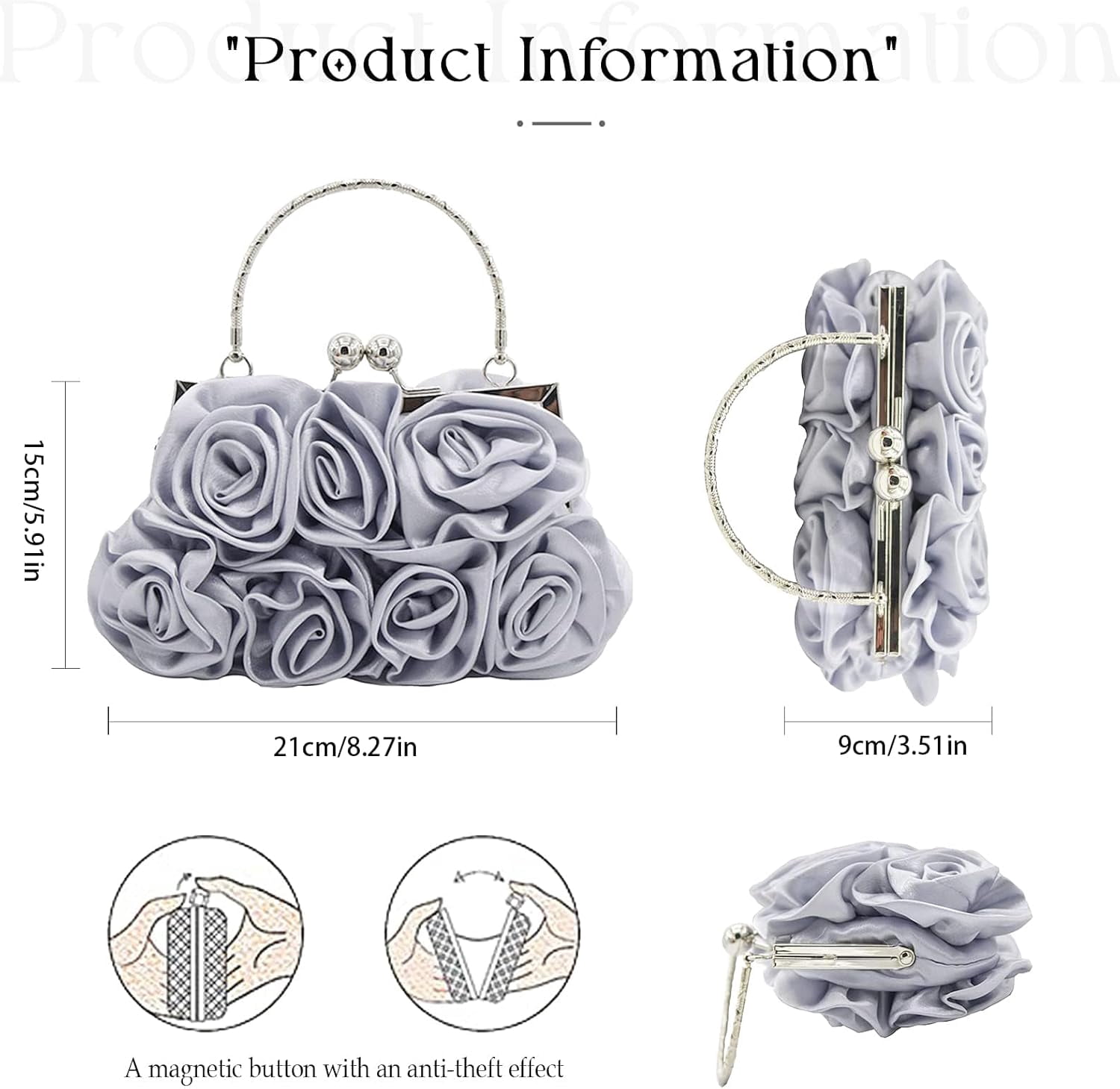 Women Evening Clutch Bag Floral Satin Small Purses with Detachable Strap for Wedding, Party, Prom