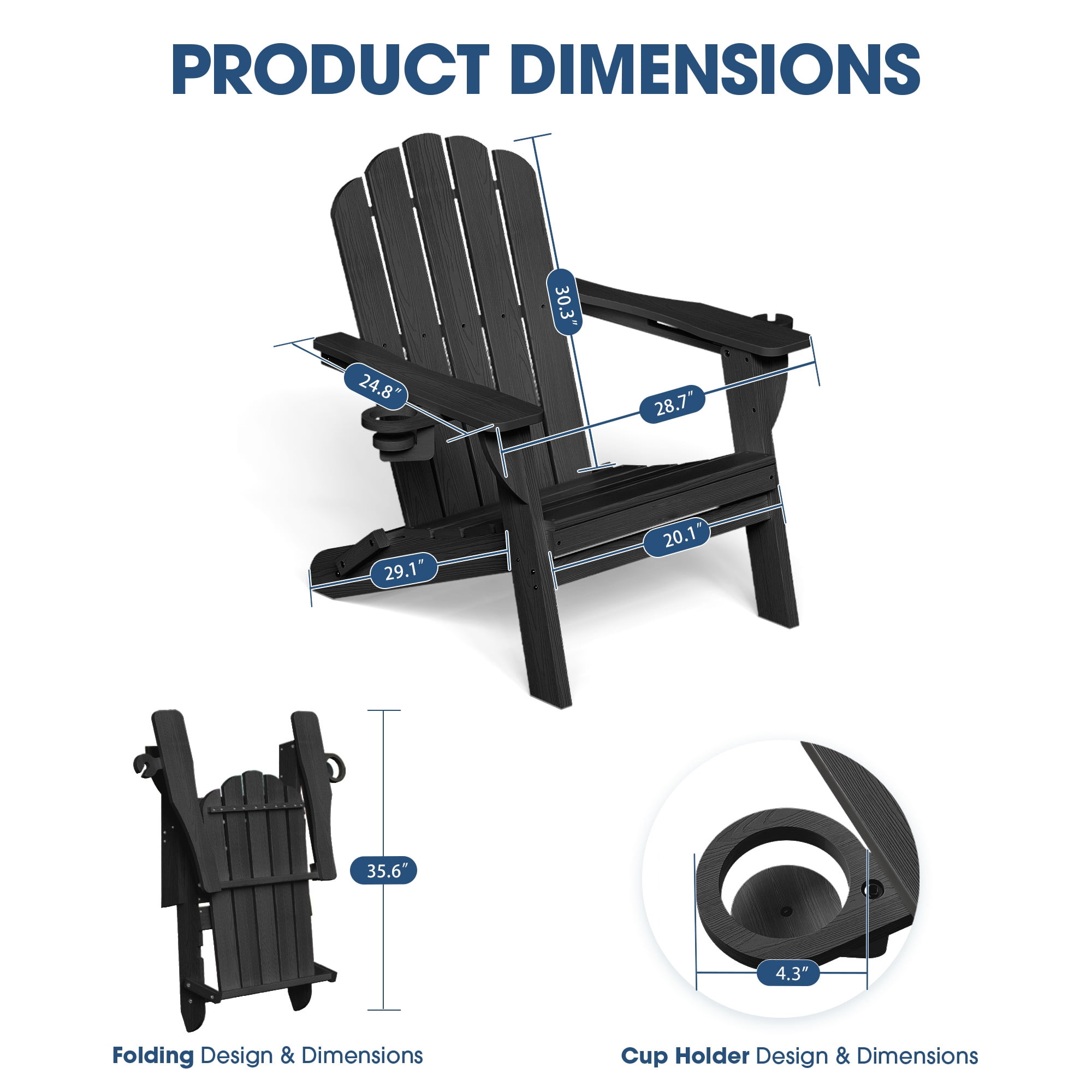 Adirondack Chairs Set of 4, Folding All-Weather HDPE Plastic Patio Chairs, Black