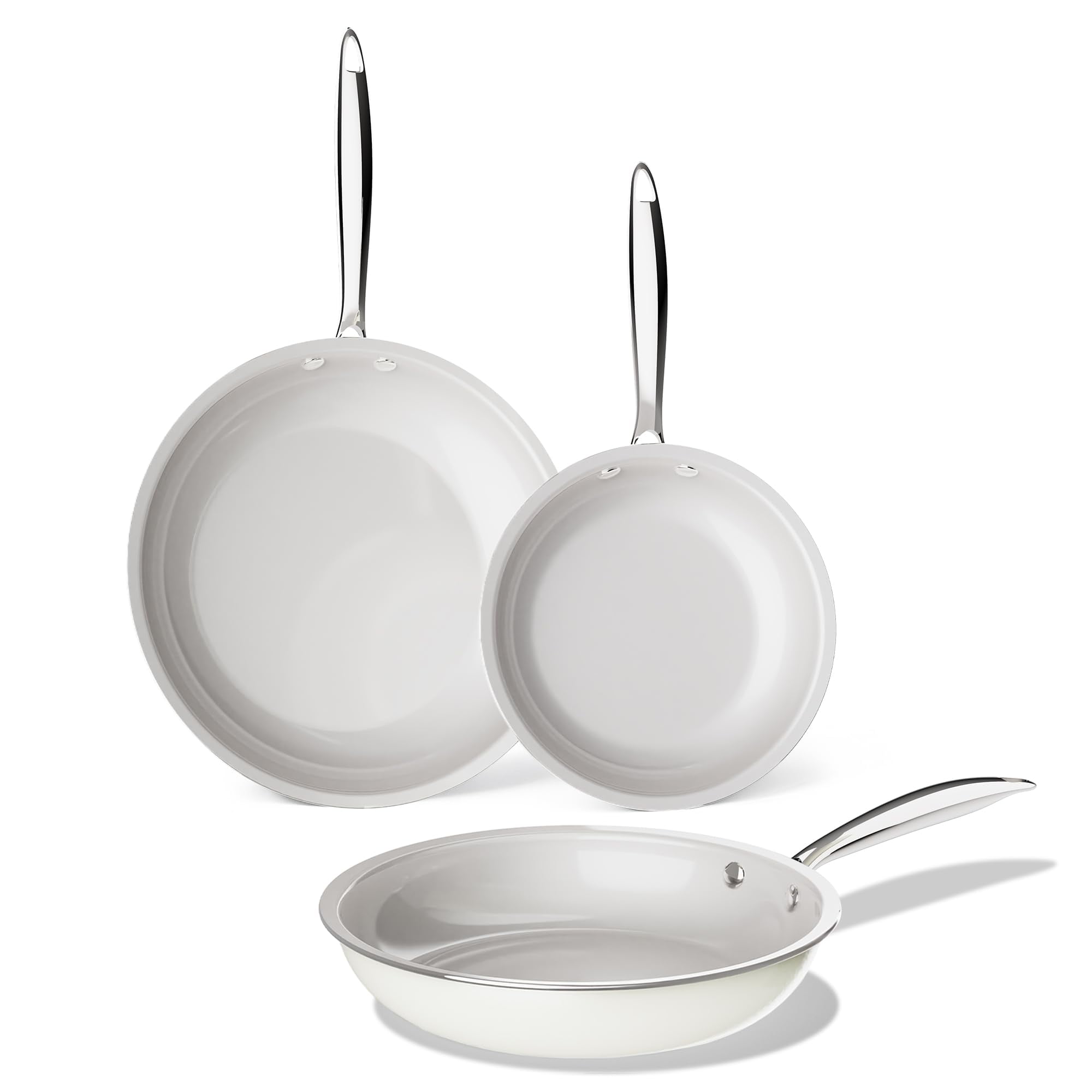 KITEXPERT Non Stick Frying Pans Set, Titanium Ceramic Pan Skillet Set Non Toxic, 8" 9.5" 11" Nonstick Frying Pan, Stainless Steel Handle, Dishwasher & Oven Safe, Cream