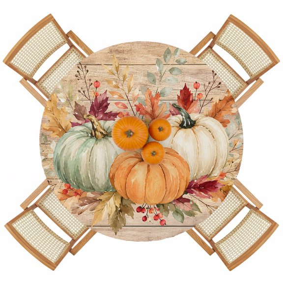 Round Fitted Tablecloths with Elastic Edge Thanksgiving Fall Pumpkins Oil-Proof Waterproof Wipeable Table Cover for Kitchen Dining Party Decor Farm Wood Board Background Table Clothes,36" - 44"