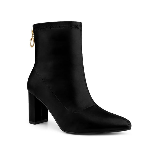 Unique Bargains Women's Pointy Toe Back Zip Block Heel Ankle Boots Black (Size 6)
