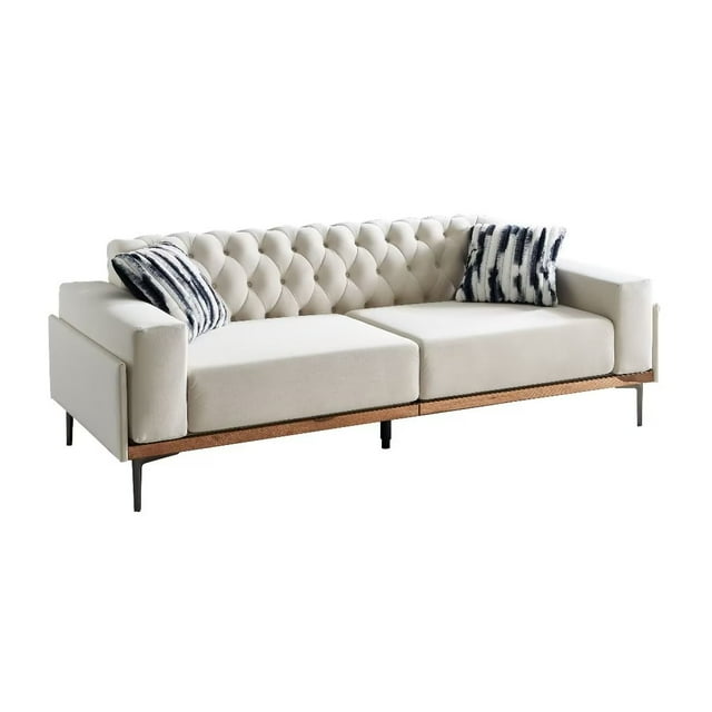 84.6"Accent Sofa, Modern Velvet Sofa Couch with 2 Pillows, Extra Long Couch with Square Arm, Comfy 3 Seater Sofas with Metal Legs, for Living Room, Bedroom, Guestroom, Beige