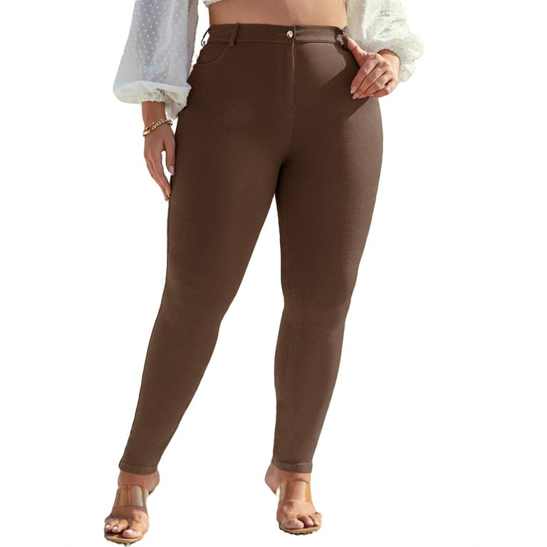 Casual Solid Skinny Mocha Brown Plus Size Pants (Women's