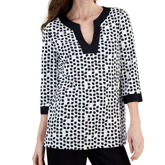 Anne Klein Womens Contrast-Border Tunic Blouse, Black, X-Small