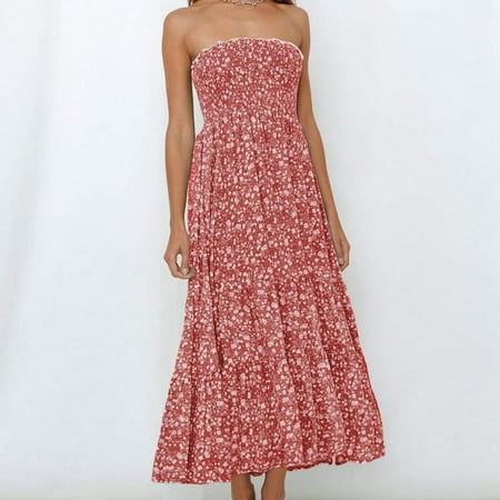 

jsaierl Women s Summer Bohemian Floral Printed Strapless Party Long Maxi Dress for Women 2022
