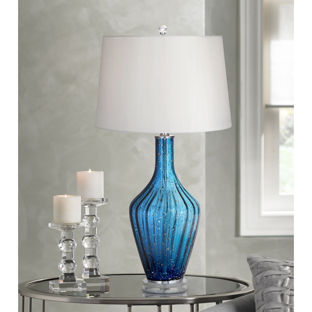 Possini Euro Design Coastal Table Lamp Blue Fluted Art Glass Vase White 