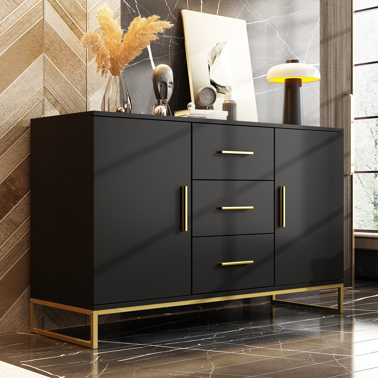 AIEGLE Sideboard Buffet Cabinet with 3 Storage Drawers in Black ...