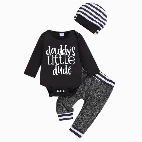 mgoYE Newborn Baby Boy Clothes Daddy's Little Dude Letter Print Romper Pants Hat 3PCS Outfit(Black,12-18 Months)