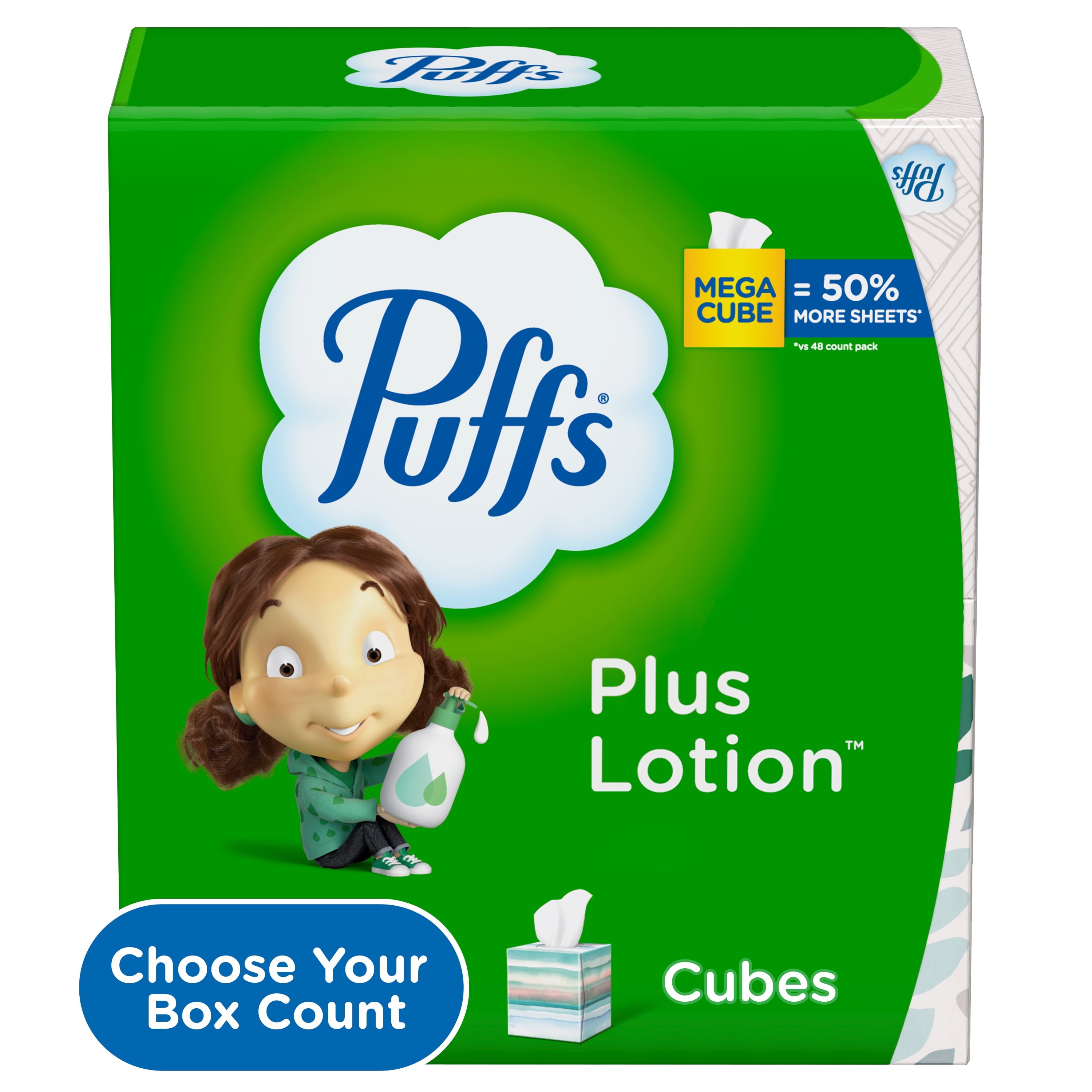 Puffs Plus Lotion Facial Tissue, 4 Mega Cube Boxes, 72 Facial Tissues