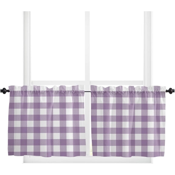 Kitchen Curtain Valance, Purple and White Buffalo Check Plaid Gingham Farmhouse Decoration Short Rod Pocket Window Curtain Tiers for Bedroom, Bathroom, 2 Panel, 27.5" W x24 L