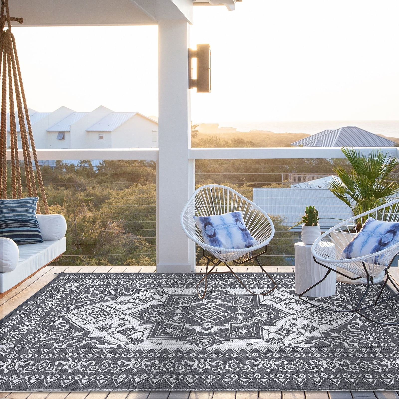 HIWEAVER 9' x 12' Gray/White Outdoor Rug PP Plastic Straw Woven Waterproof Patio Rug with Border Portable Outside Carpet for Balcony Deck Picnic Garden Decor