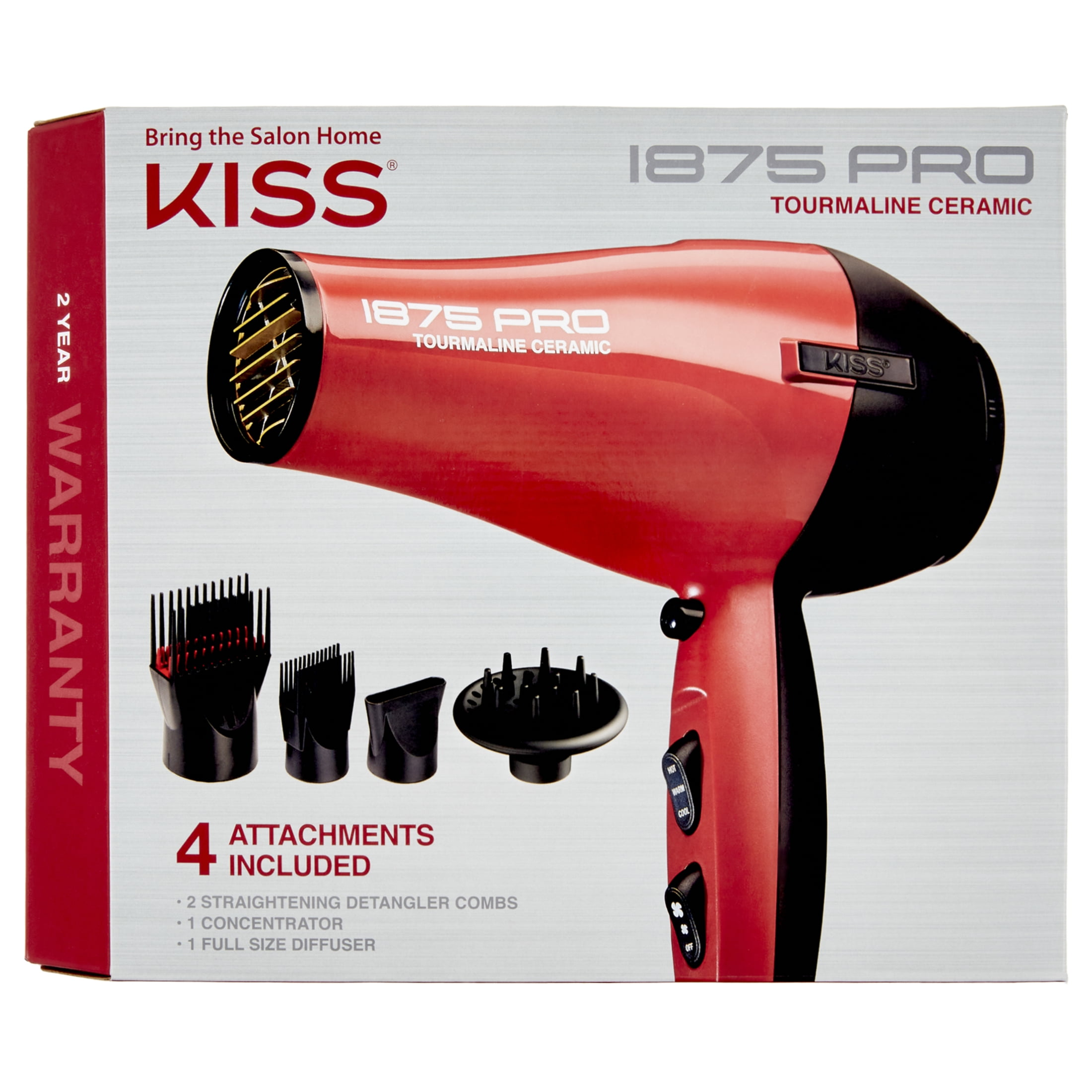 KISS Red Tourmaline Ceramic Hair Dryer with 4 Additional Styling  Attachments, 1875 Watts, Red 