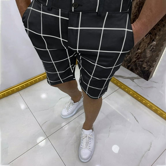 Pxiakgy mens shorts Male Summer Casual Slim Big Plaid Print Shorts Zipper Fly Semi Elastic Waist Pocket Shorts Men Casual Shorts Black L