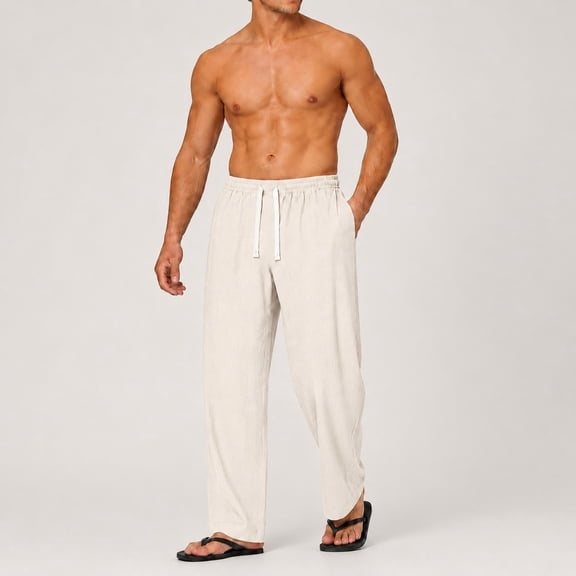 Men’s Linen Blend Casual Pants, Elastic Waist Drawstring Loose Fit Straight Leg Trousers with Pockets for Beach Vacation Travel and Daily Wear