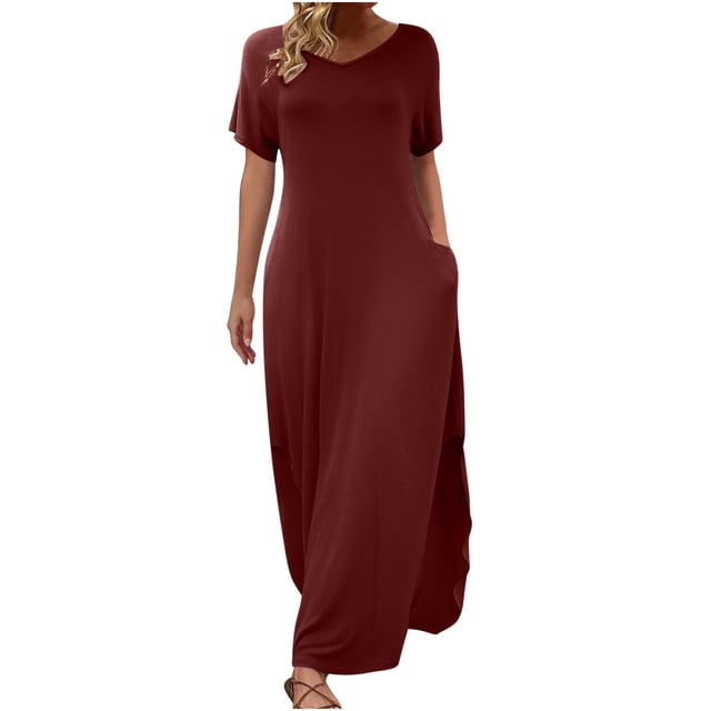 Mgmyaa Robe Maxi d'Été pour Femmes Manches Courtes Col en V Décontractée Ample Longue Plage Fendue avec Poches