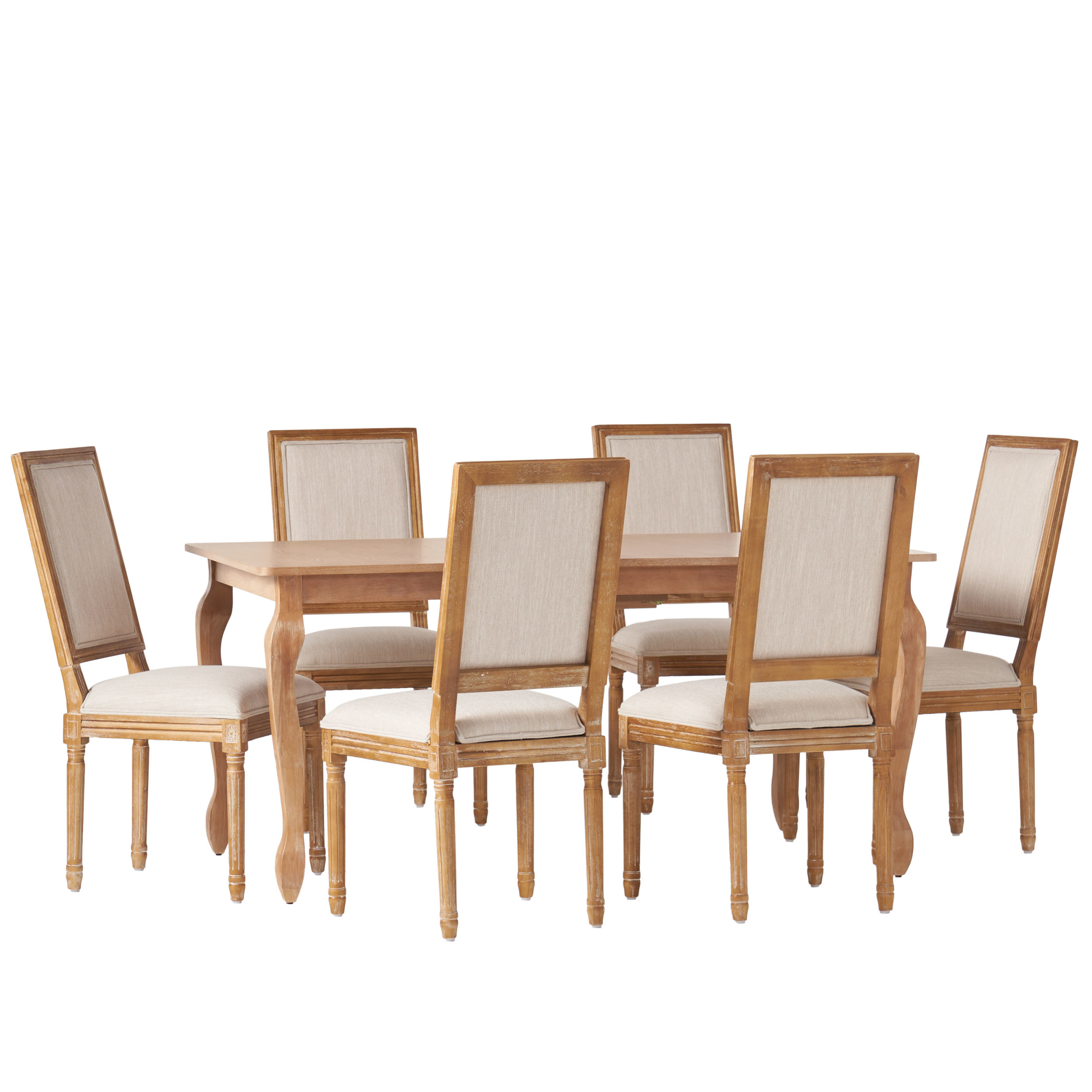 Noble House Fescue Fabric Upholstered Wood Expandable 7 Piece Dining Set, Natural Brown and Beige