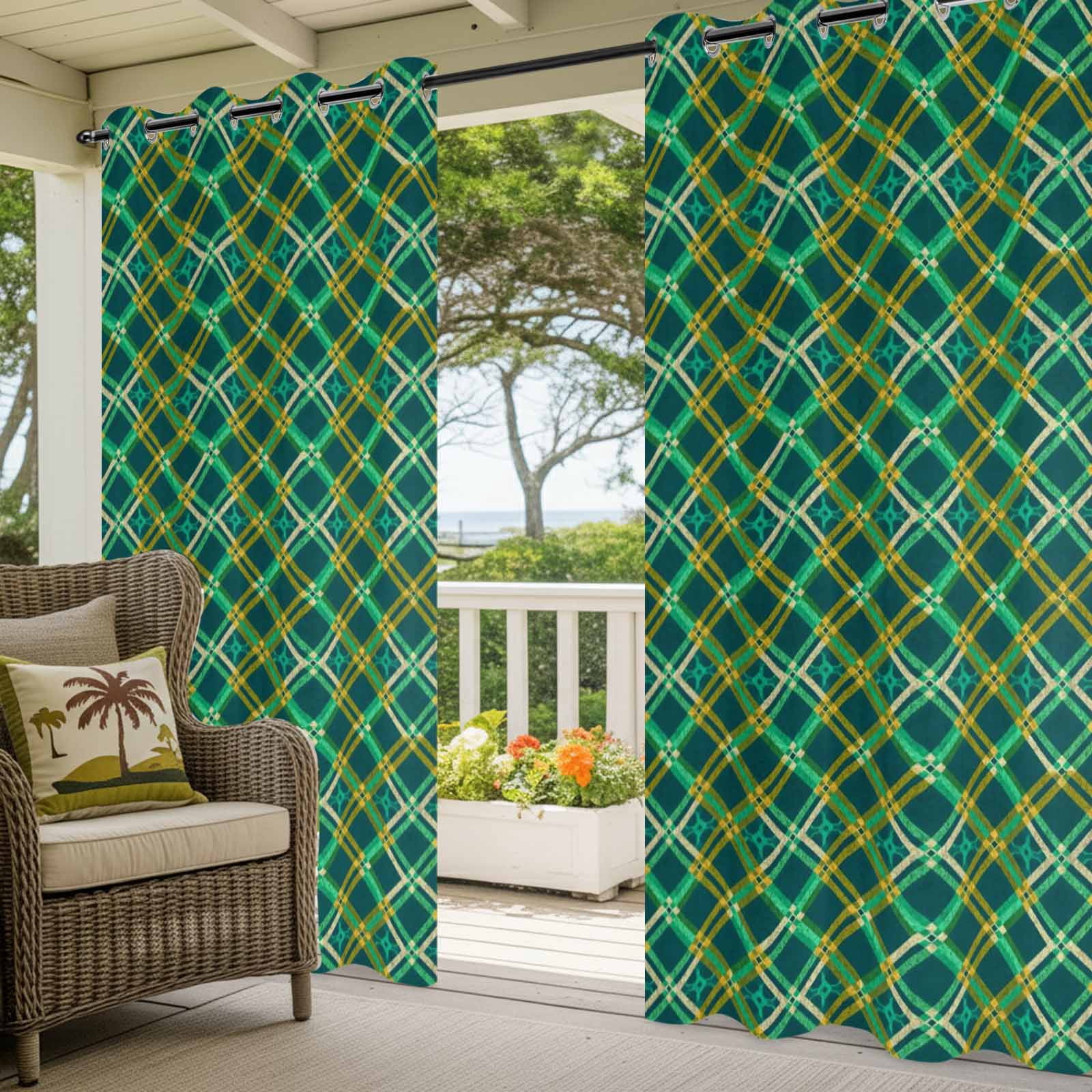Outdoor Curtains for Patio Waterproof, Vintage Green Check Windproof Pravicy Outside Porch Blackout Curtain, Geometric Tartan Plaid Ethnic Sun Blocking Grommets Curtains for Cabana 2 Panels 54"x95"