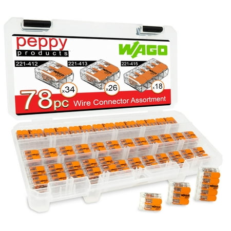 WAGO 221 LEVER NUTS 78pc Compact Splicing Wire Connector Assortment with Case. Includes (34x) 221-412, (26x) 221-413, (18x) 221-415