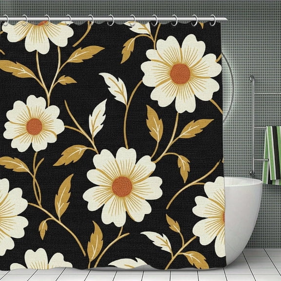 Boho Black And Beige Floral Print Shower Curtain,Modern Fabric Waterproof Shower Curtain Set with Hooks 70.8×70.8Inch (180×180cm)