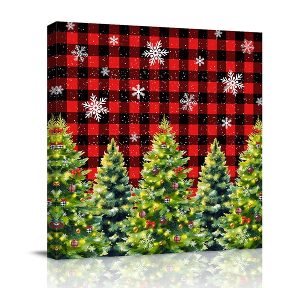 Canvas Wall Art, Christmas Snowflakes Framed Canvas Prints for Bathroom Desk, Xmas Winter Green Pine Trees Red Buffalo Plaid Gallery Wrapped Wall Decor for Home Office, Gifts, 8"x8" Ship Next Day
