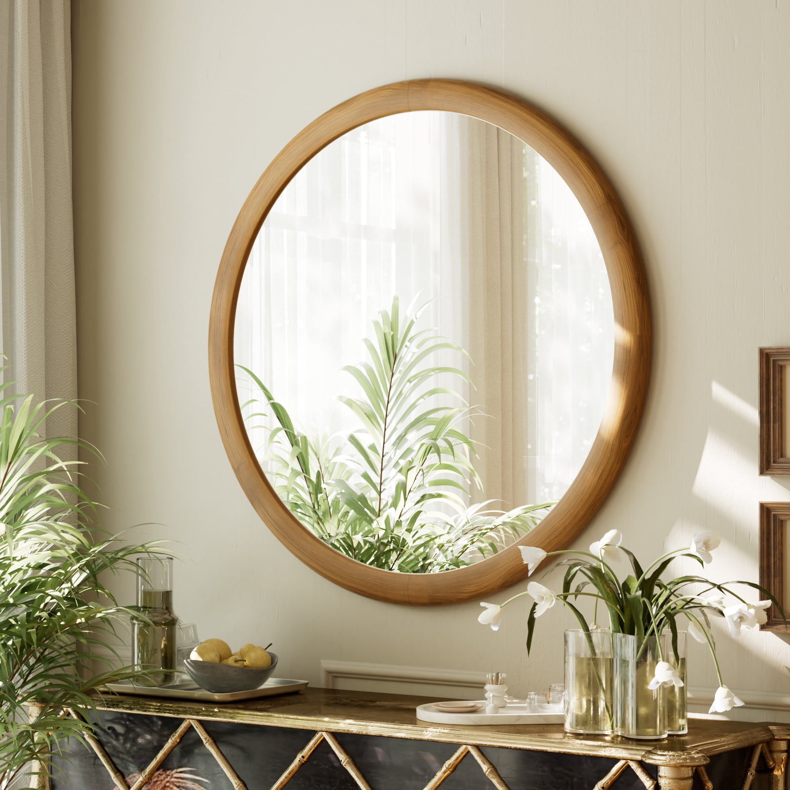 Easy4Home 24" x 24" Round Bathroom Mirror Wall Decor with Wooden Frame, Natural Wood