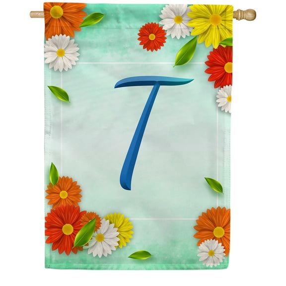 America Forever Summer Floral Monogram House Flag Letter T 28 x 40 inches Cosmos Yellow Red White Spring Flower Double Sided Vertical Outdoor Yard Lawn Decorative Seasonal Summertime House Flag
