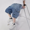 thumbnail image 6 of CAIXIA Boys Baggy Jeans Shorts Wide Leg Straight Wide Leg Embroidered Denim Shorts Knee Length Baggy Elastic Waist Jorts Classic Trendy School Bermuda Shorts Streetwear Preppy Clothes with Pockets, 6 of 6