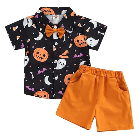 Gunia Halloween Boys Outfits Sets Casual Two Piece Set With Pumpkin Moon Bow Tie Elastic Waist Comfortable Playwear Kids 1-9 Years Boy Outfit Black 1-2 Years