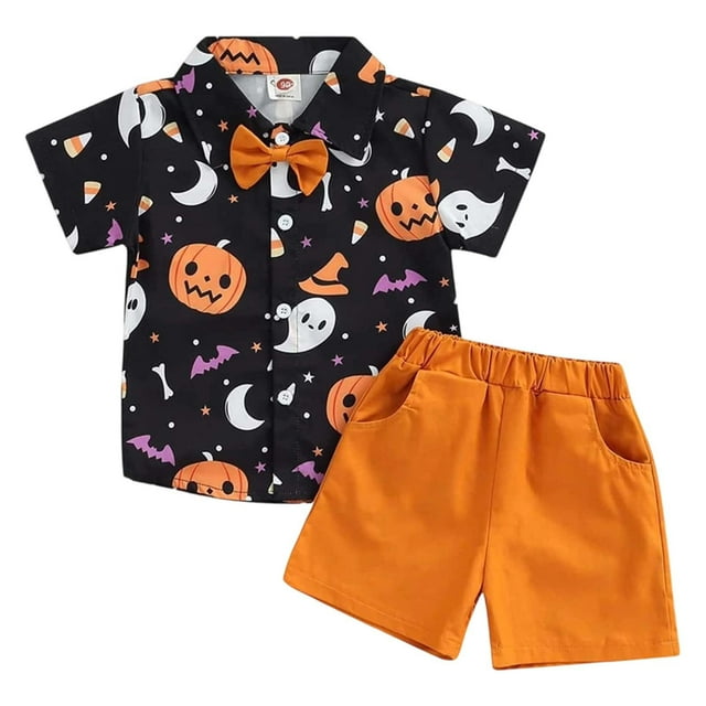 MIASHUI Ensembles de Vêtements pour Garçons pour Activités Extérieures Tenue Décontractée Confortable Jeunesse Printemps Été Imprimé Citrouille et Lune Ensemble à Manches Courtes