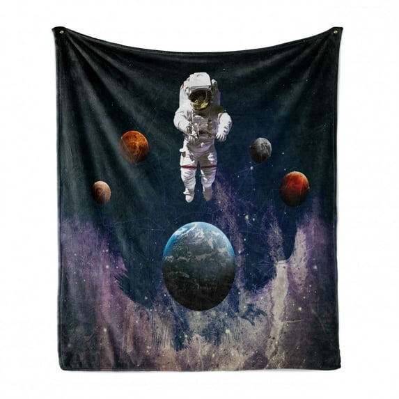Outer Space Soft Flannel Fleece Blanket, Astronaut in the Outer Space the Planets Globe Satellite Energy Eternity Theme, Cozy Plush for Indoor and Outdoor Use, 60" x 80", Multicolor, by Ambesonne