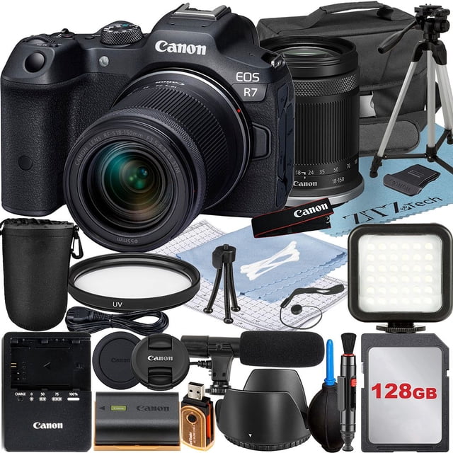 Canon EOS R7 Mirrorless Camera with RF-S 18-150mm Lens + Mount Adapter + 128GB Memory Card + Case + LED Flash + ZeeTech Accessory Bundle