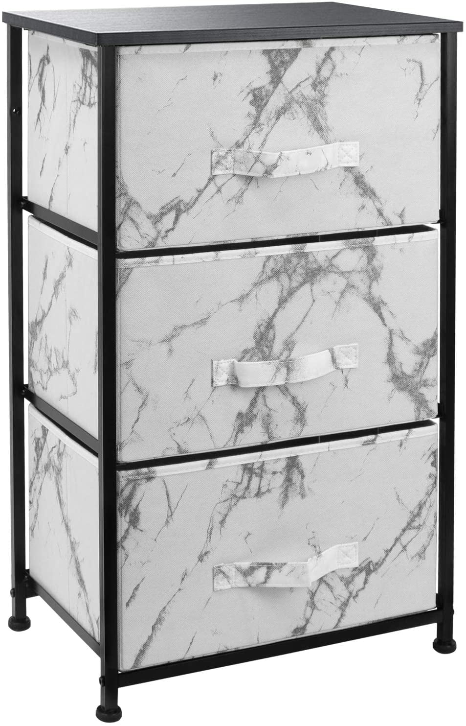 3 Drawer Nightstand Chest EndTable Dresser Black Frame White Marble