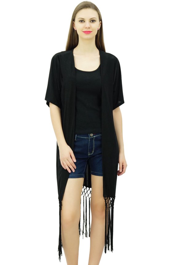 Women Kimono Solid Shrug With Long Fringes Exclusive Tassel Cover-Up