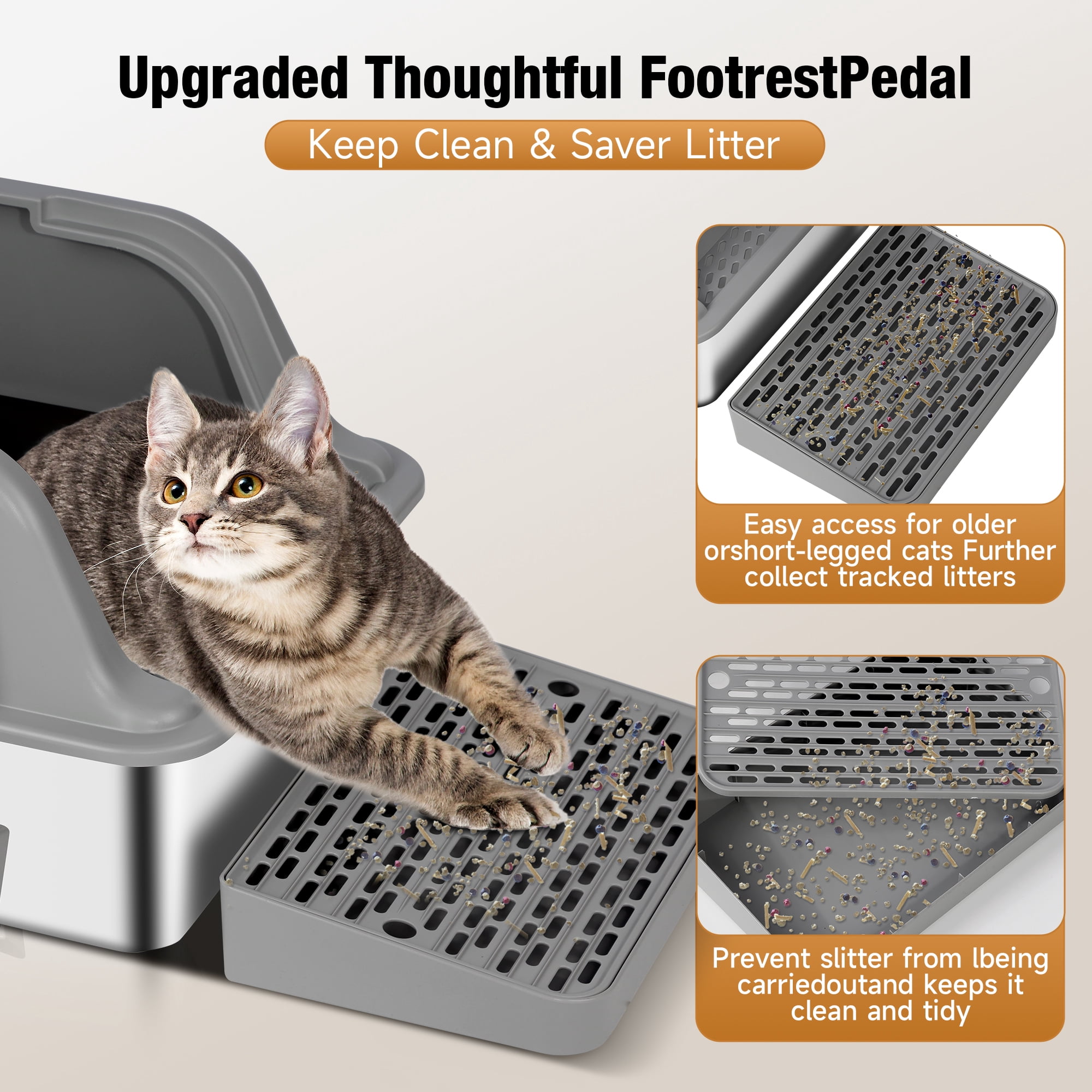 Extra Large Stainless Steel Cat Litter Box with Lid,24 x 16 x 15.74-in,High Sided Metal Cat Litter Box for Large Cats & Multiple Cats,with Scoop and Footboard, Gray