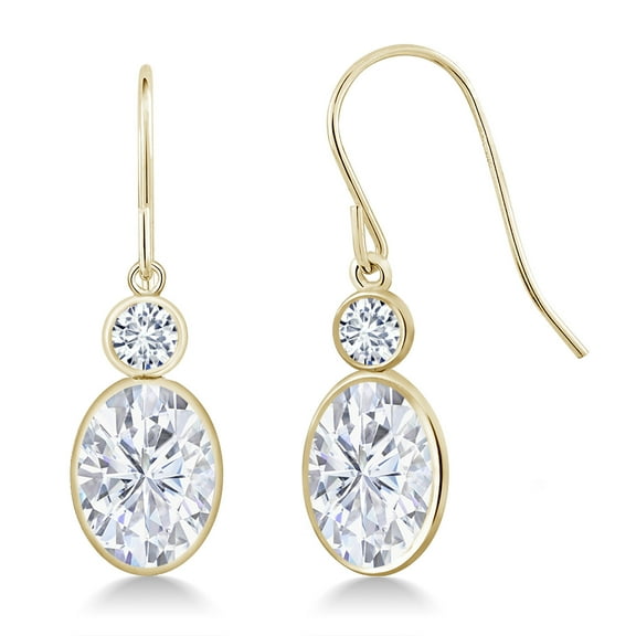 Gem Stone King 14K Yellow Gold White Moissanite and White Lab Grown Diamond Hook French Fish Ear Wire Dangle Earrings for Women (3.20 Cttw, Oval 8X6MM, Round 3MM)