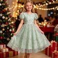 thumbnail image 6 of Girls Tulle Princess Dresses Trendy Embroidery Flower Lace Puff Sleeve Crew Neck Gown for Pageant Wedding Birthday Party Graduation Dance Prom Green 5-6 Years, 6 of 6