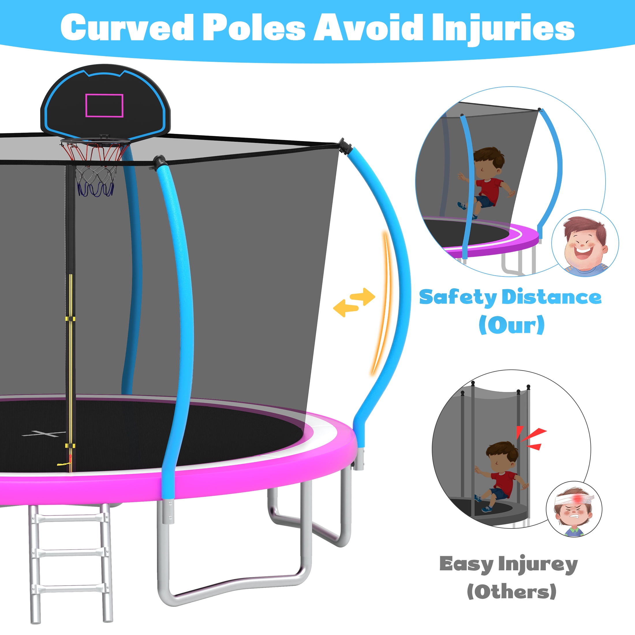 12ft Trampoline with Safety Enclosure, SEGMART Upgrade Outdoor Trampoline with Basketball Hoop, Heavy Duty Back Yard Trampoline with Ladder for Kids and Adults, Pink