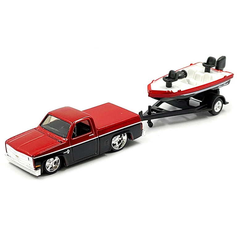 1987 Chevrolet 1500 Pickup Truck Candy Red and Black and Bass Boat